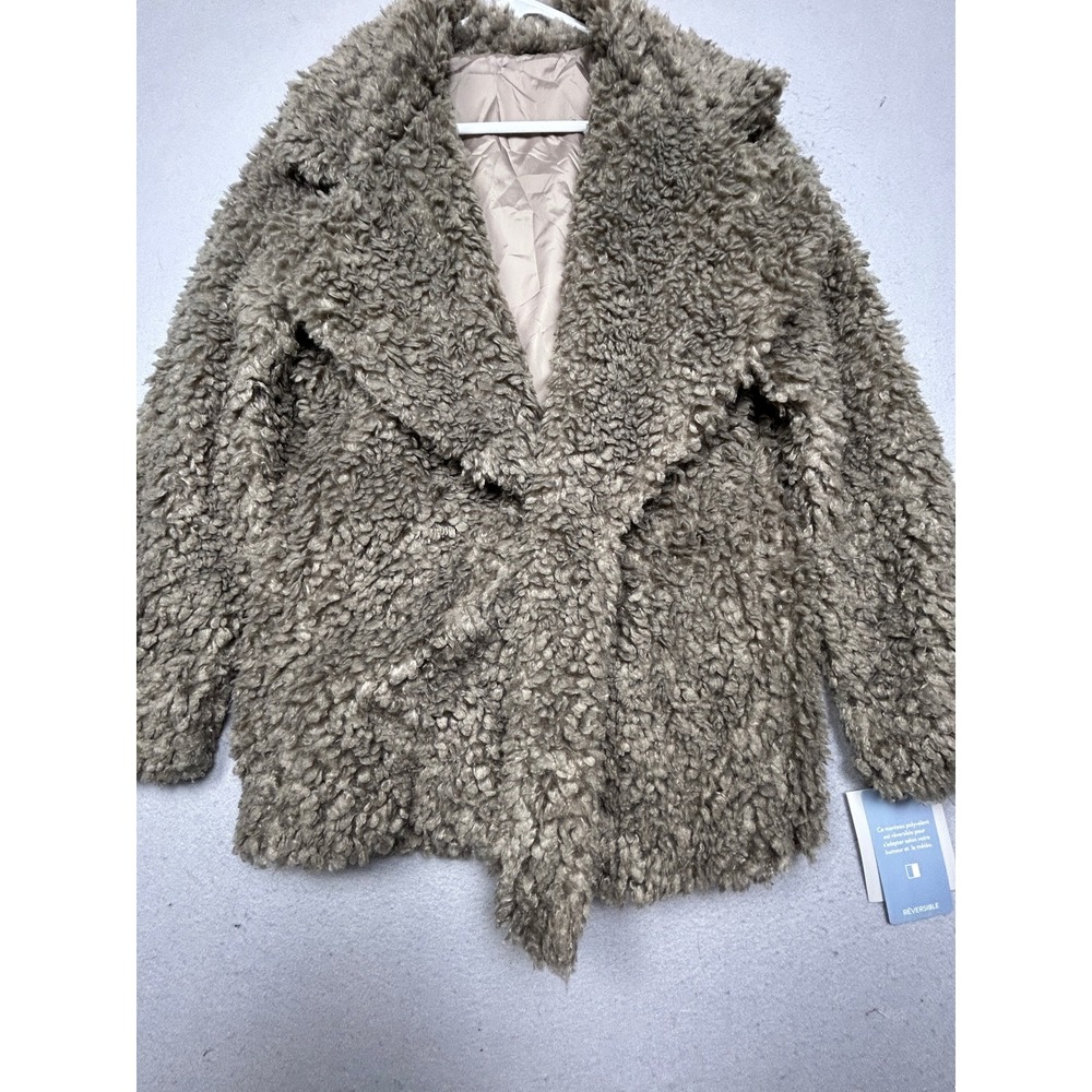 NVLT Reversible Teddy Coat Polyester Faux Fur Taupe Grey Medium Womens